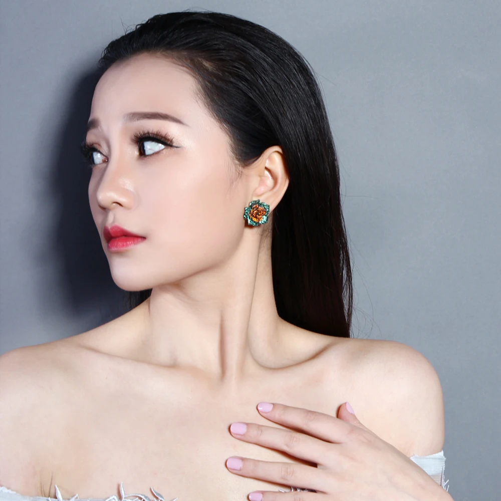 Beautiful large stud earring Pave Green Siam Olivine crystal color stones Rhodium plate jewelry women big rose flower earrings