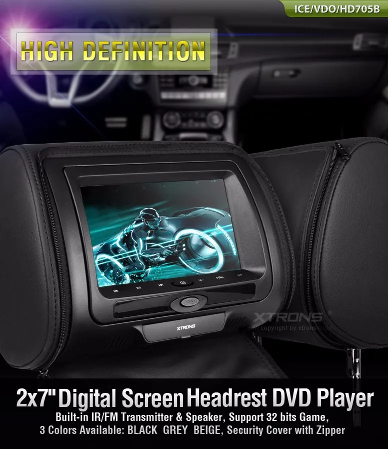 Top 2x7" Black Headrest Car Monitor with DVD Function & USB SD FM Transmitter IR Transmitter & 2 IR Headphones (Beige&Grey Optional) 0