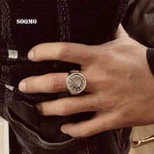 SOQMO Vintage Genuine 925 Sterling Silver Rings For men Female Six Words Budda Mantra Biker Mens Signet Rings Male Jewelry soqmo solid 925 silver skull pendant for biker man cool snake budda sculpture mens vintage gothic punk pendants jewelry sqm023