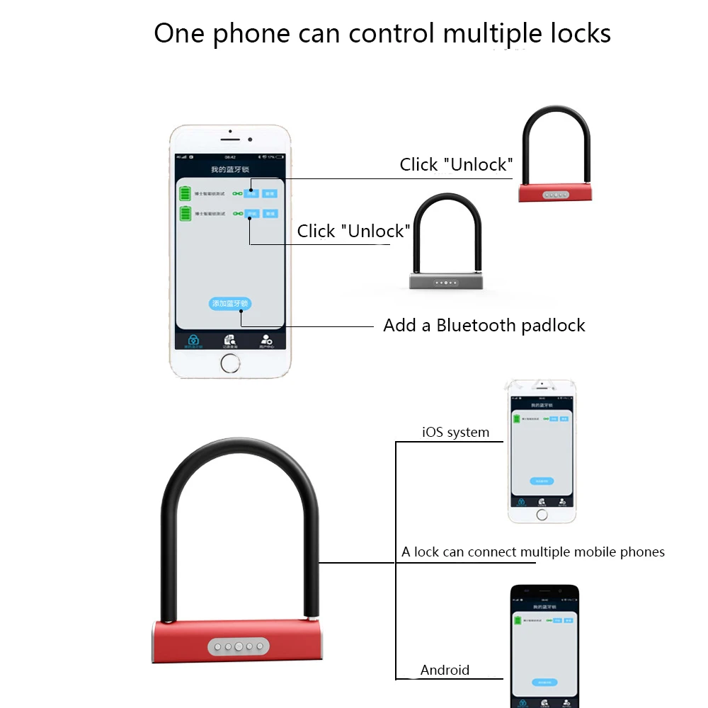 Smart Bluetooth Keyless U type Lock Waterproof APP Button Anti-Theft Password Door Luggage Padlock