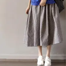 Для женщин сезон: весна–лето Ретро литература в черную и белую клетку, плиссированные юбки длиной до колен, повседневные штаны с эластичной резинкой на талии из хлопка