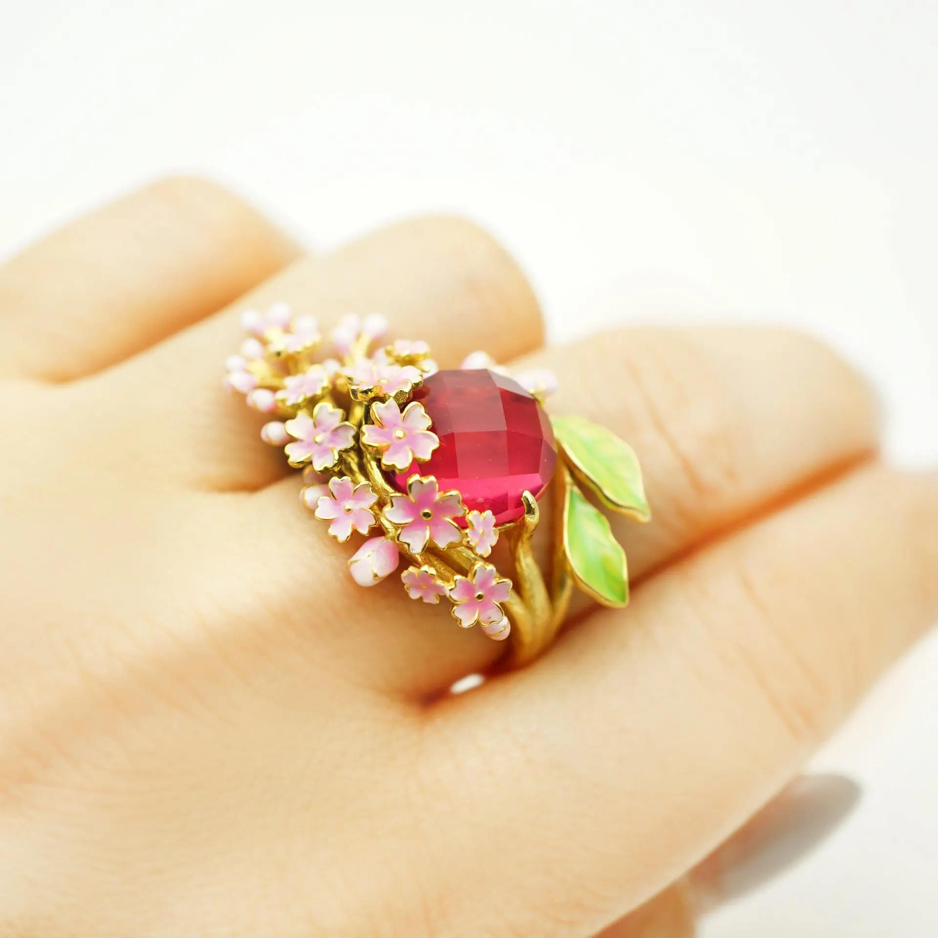 Модные кольца с розовым/фиолетовым кристаллом и цирконием для женщин, уникальные нежные обручальные кольца с цветком сакуры, позолоченные ювелирные изделия Anel