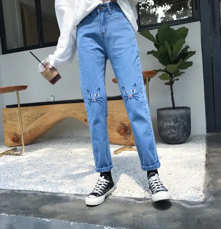 Женские джинсы с вышивкой кошки|embroidery jeans women|embroidery jeansjeans woman |