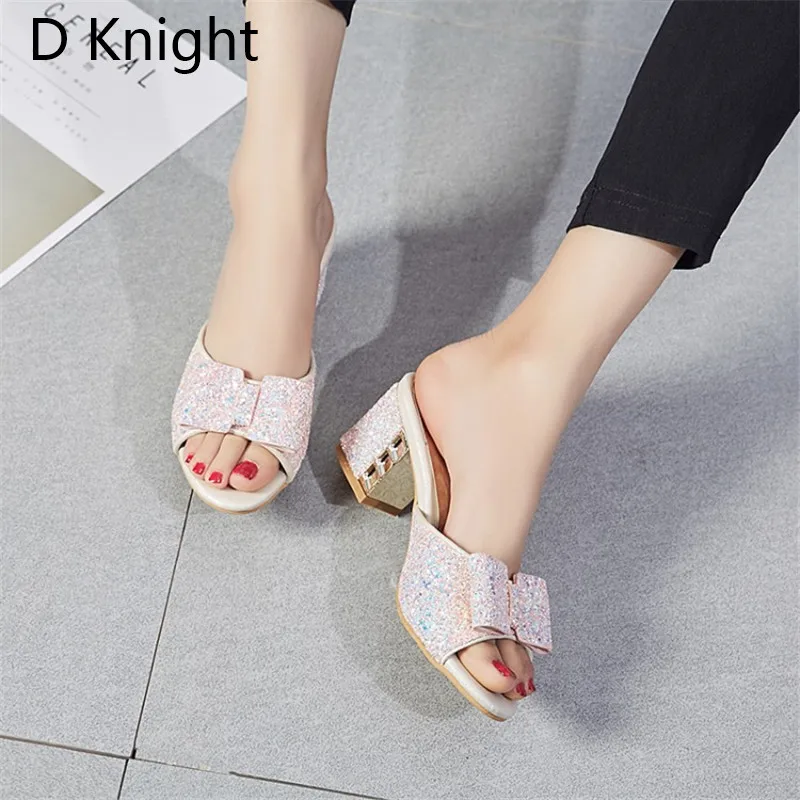 2018 Female Slippers Sepuined Cloth Sandals Summer Shoes Women Mules Lady Flip Flops Black High Heeled Slides Shoes Plus Size 43 (24)