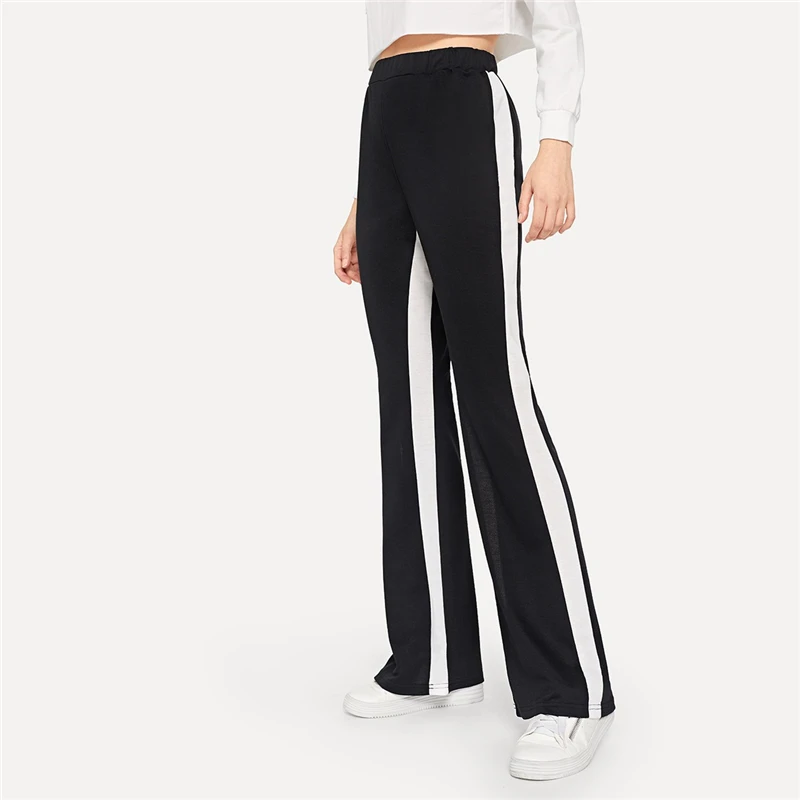 SweatyRocks эластичный пояс широкие брюки уличная мода черные брюки весна Свободные Брюки Женская спортивная одежда брюки