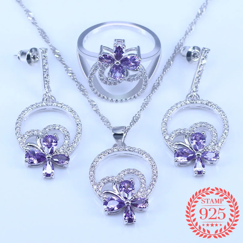 

Zirconia Bridal Women Jewelry Sets Stone Earrings Wedding 925 Sterling Silver Jewelry With Ring Pendant Necklace Set Gift Box