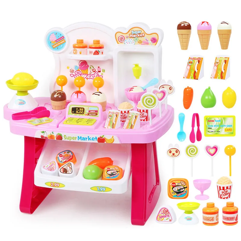 

34Pcs Plastic Supermarket Cash Register Toy Kids Pretend Play Miniature Shopping Checkstand Shopping Toys Cashier Desk POS Set
