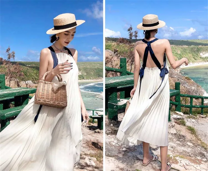 RUGOD сексуальное плиссированное платье с открытой спиной на шнуровке для женщин летнее повседневное праздничное пляжное платье Бохо женское элегантное белое платье миди
