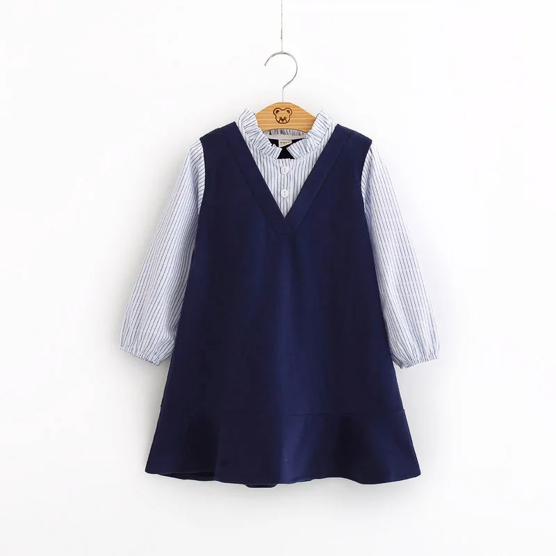

Girls Dresses 2018 SpringCasual Long-sleeved Striped Dress Kids Children Clothing Navy 3-7T