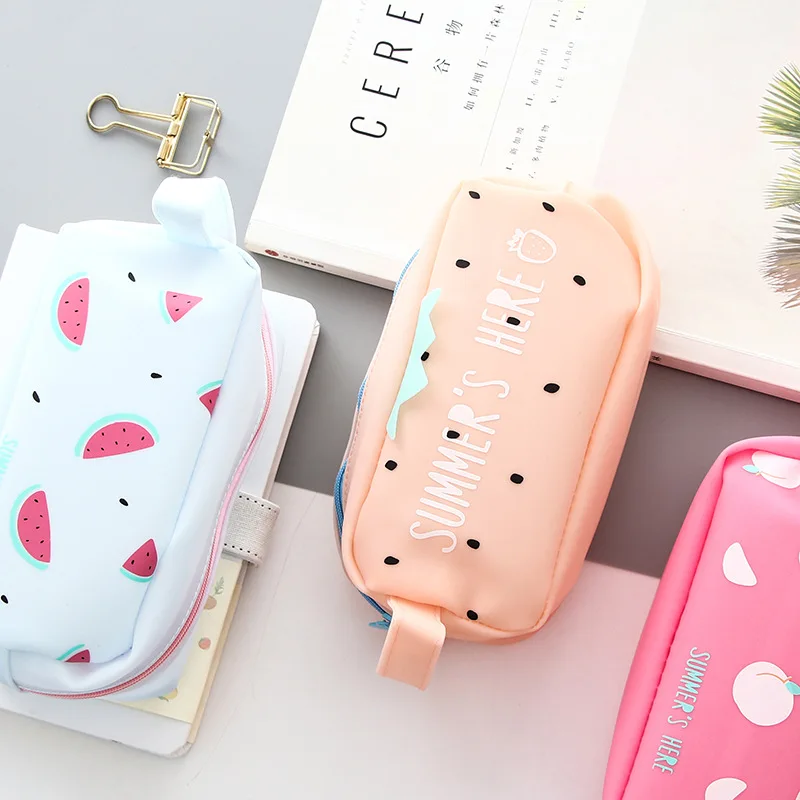 

Cute Kawaii Big Fruit Silicone Pencil Case Etui Watermelon Peach Pineapple Pencil Cases Bag Pen Box For Pencils School Supplies