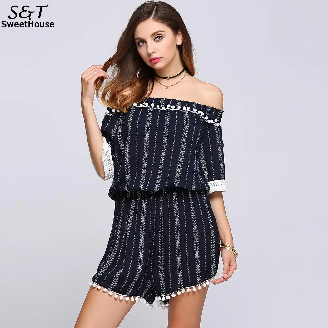 Tassel Sleeve Off The Shoulder Striped Half RompersRompers AliExpress