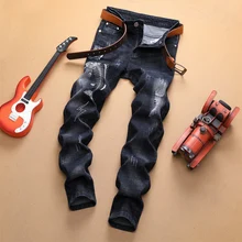 Обтягивающие мужские джинсы вышитые новые эластичные фитнес корейские прямые незауженные штаны бренд плюс размер тонкие длинные Лоскутные