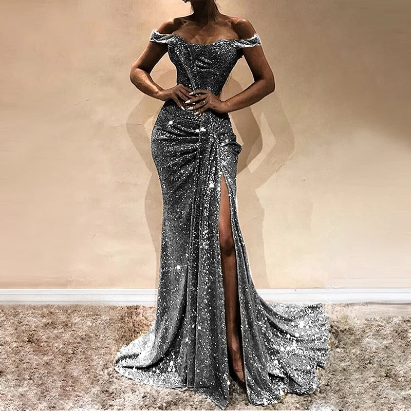 

Formal Dress Women Party Long Split Ball Gown Prom Off Shoulder Vestidos Sequined Floor Length Ladies Dress