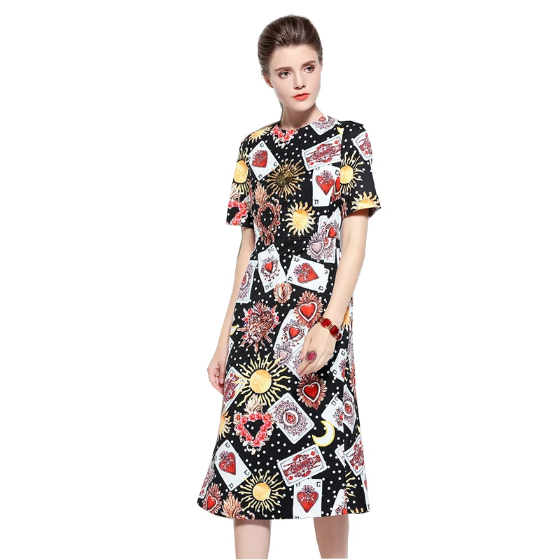 Customized Designer Runway Spring Summer Short Sleeves Dress Women's Elegant Printing Playing Cards Mid-Calf Dresses Vestito