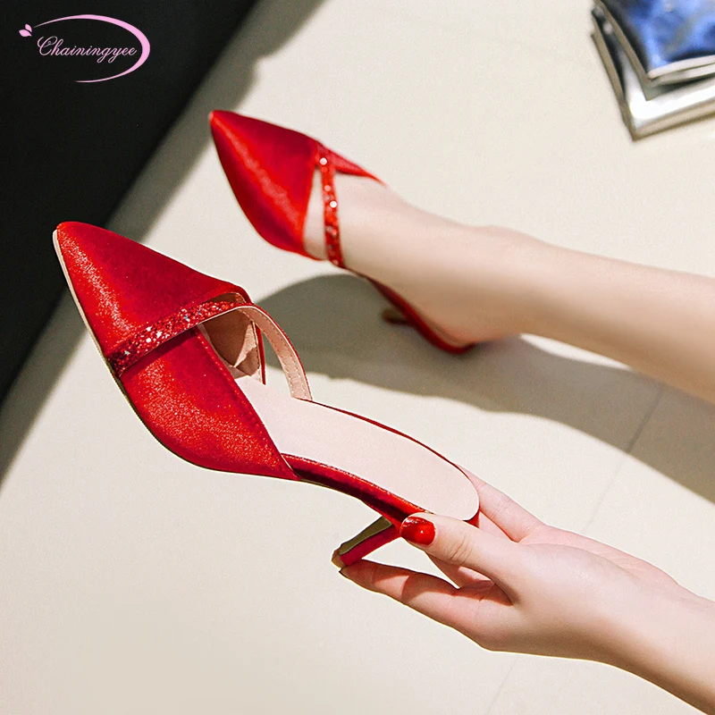 

Chinese party style sexy pointed toe flock summer women slippers diamonds black grey red high-heeled stiletto women's shoes