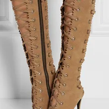 Г., свадебные вечерние модельные туфли женские высокие сапоги до колена с открытым носком на высоком каблуке с вырезами Сапоги-гладиаторы на шнуровке