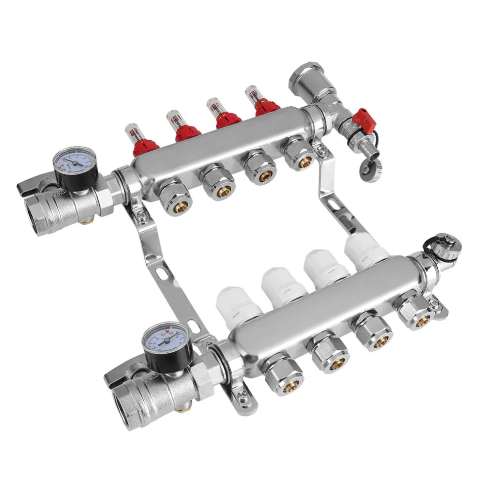 4-филиал Нержавеющая сталь напольного отопления набор коллектора регулируемый поток клапаны Система нагрева