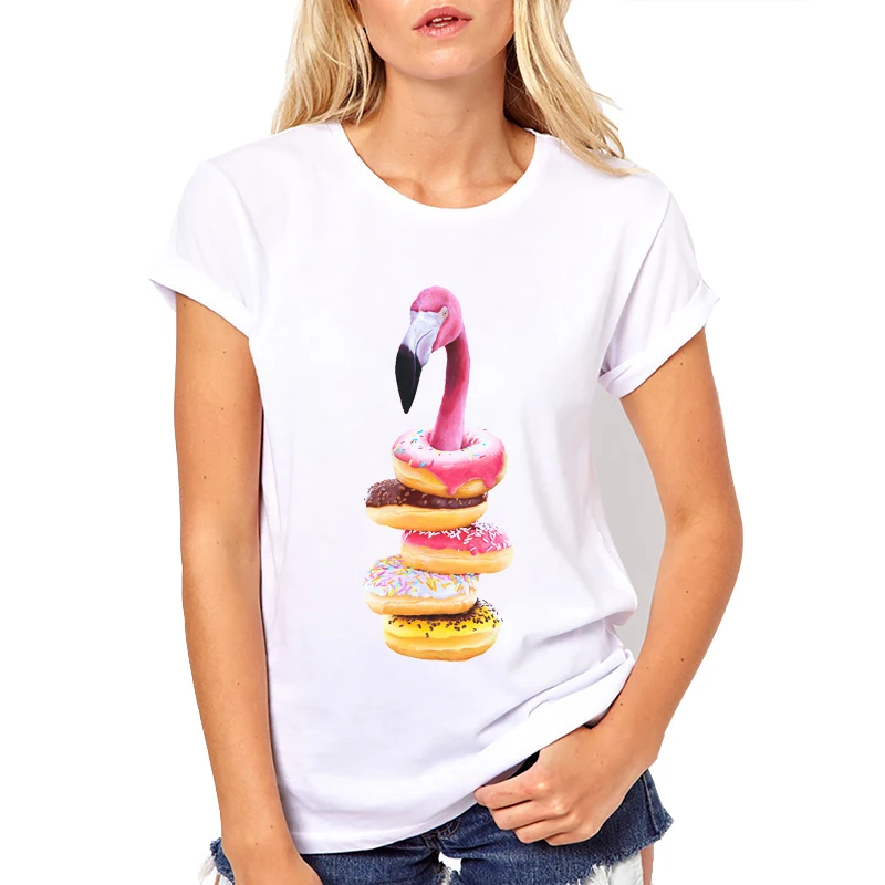 

A Famished Flamingo Printing Ctue Short sleeve All-match O-neck White Casual Tee Women T shirt Summer Fashion comfortable Tops
