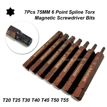 

7Pcs Set 75MM Magnetic 6 Point Spline Torx Screwdriver Bits 10mm Hex Shank Screw Driver Bit T20/T25/T30/T40/T45/T50/T55 S2 Steel