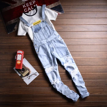 

2019 New Korean Fashion Hip Hop Style Suspender Pants Handsome Youthful Casual Brokean Hole Jeans Size S-5XL