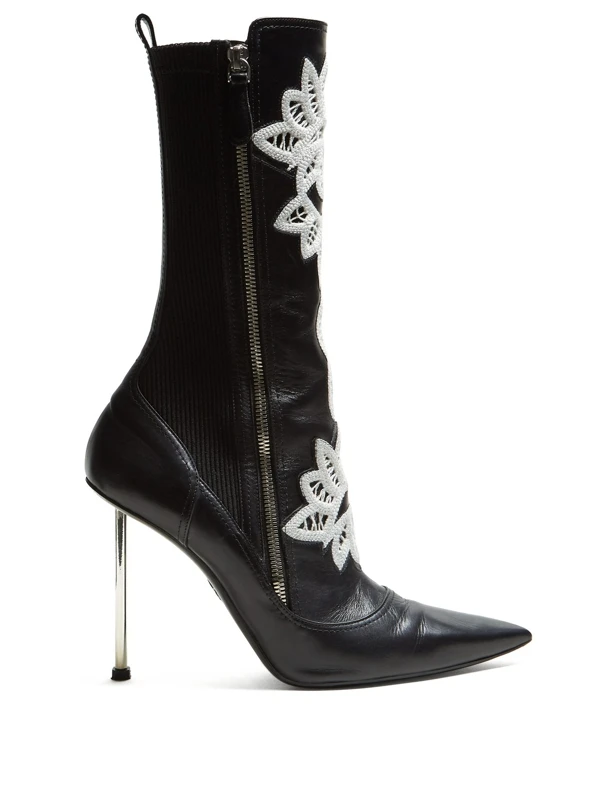 

Dipsloot 2019 Spring New Women Fashion Embroidery Side Zipper Ankle Boots Ladies Pointed Toe High Heels Dress Runway Shoes