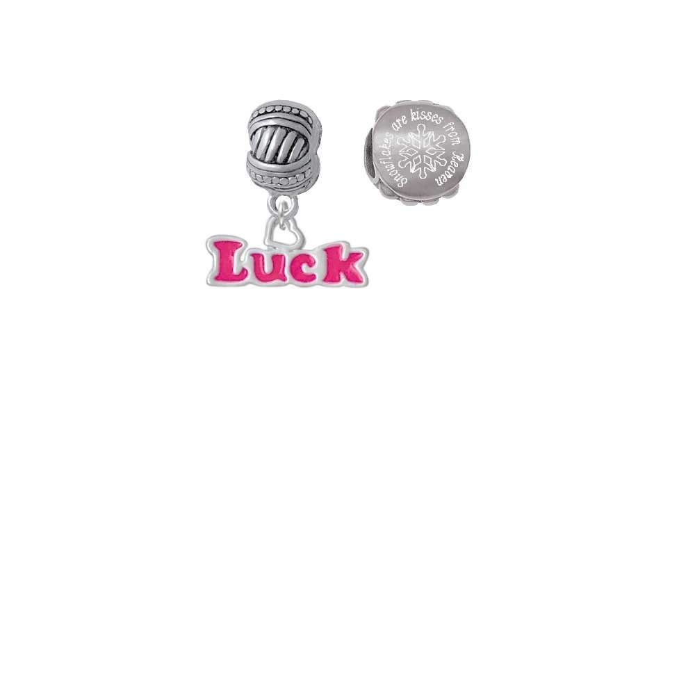 Hot Pink ''Luck'' with Heart Snowflakes are Kisses from Heaven Charm Beads (Set of 2)
