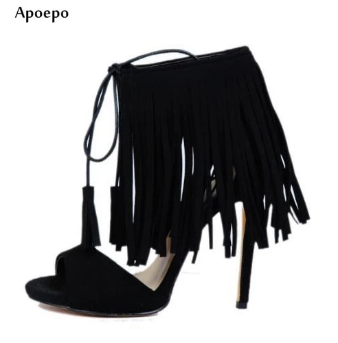 

New Black Suede Fringed High Heel Sandal 2018 Peep Toe Lace-up Sandal for Woman Black Cutouts Thin Heels Shoes