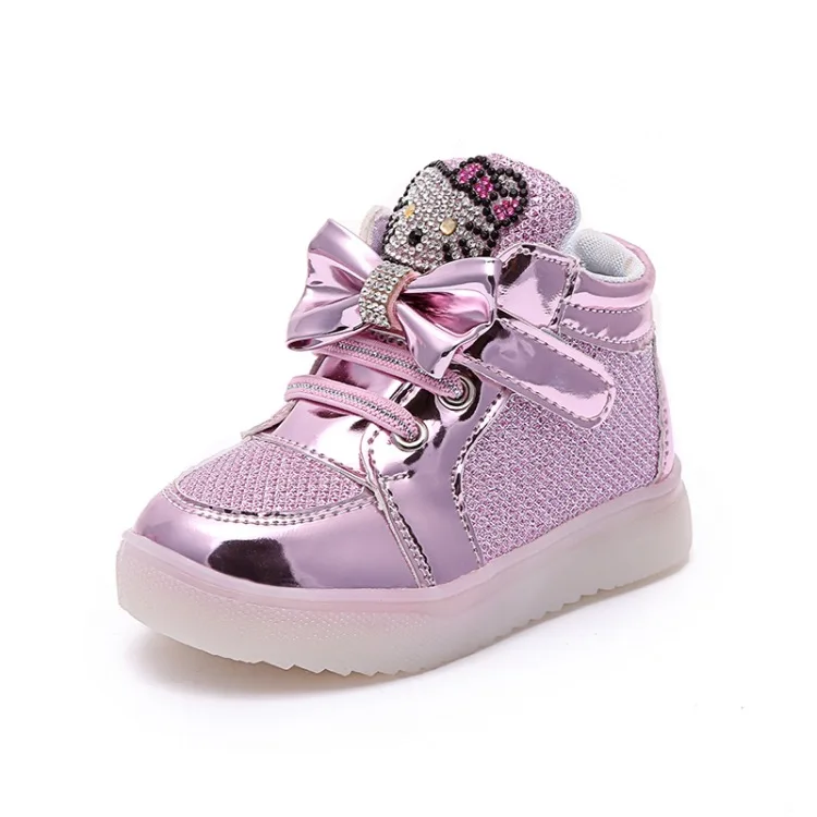 Светодиодный свет, модные короткие ботинки для маленьких девочек, модная спортивная обувь принцессы hello kitty, мягкие Нескользящие удобные кроссовки - Цвет: Розовый