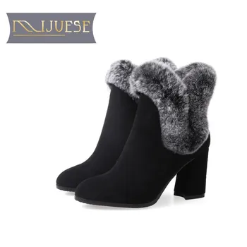 

MLJUESE 2018 women ankle boots cow Suede rabbit hair slip on black color winter short plush boots high heels snow boots 40