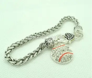 

Best selling!! 50pcs a lot rhodium plated New Arrival Rhodium Plating Alloy Crystal Baseball Charm Bracelet