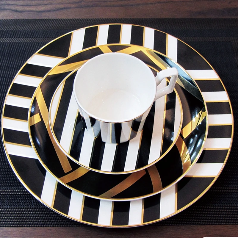 4 шт. набор современный черный дизайн керамические костяного фарфора столовые сервизы для посуды и подарок: кофейная чашка блюдце с обеденной тарелкой