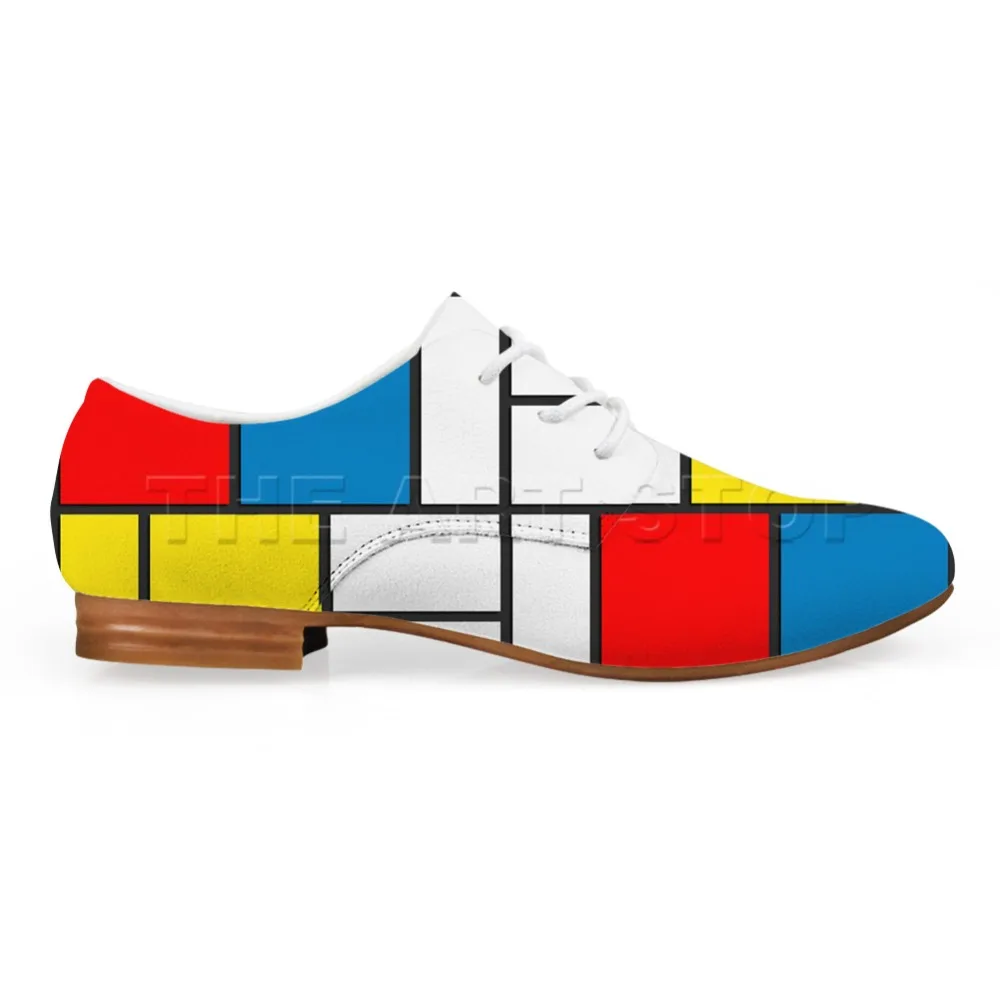 

Hot Saild Synthetic Leisure Leather Men Casual Shoes Mixed Color Painting Art Print Oxfords Shoes Man Lace up Flat Piet Mondrian