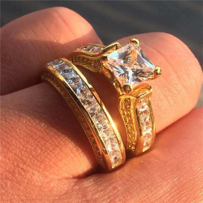 Choucong изделия класса люкс 7*7 мм Принцесса cut 15ct 5a Циркон 2-в-1 кольцо 14KT желтого золота обручальное кольцо с нашивкой в виде кольца на безымянном пальце для Для женщин