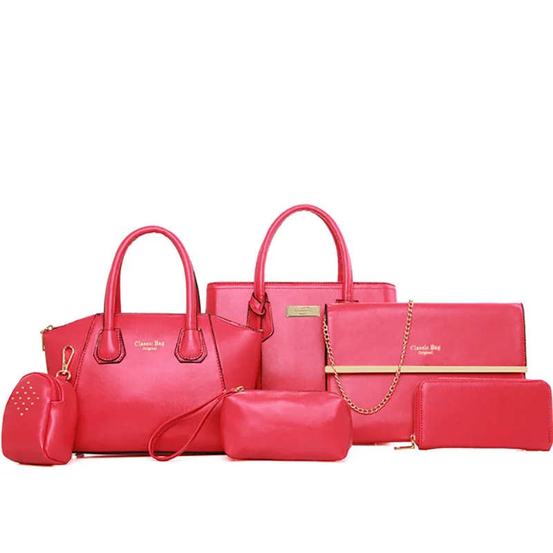 Новая женская сумка из искусственной кожи, модная одноцветная сумка в виде ракушки, сумка для мамы, сумки через плечо, переносная диагональная дамская сумка, комплект из шести предметов - Цвет: Rose red