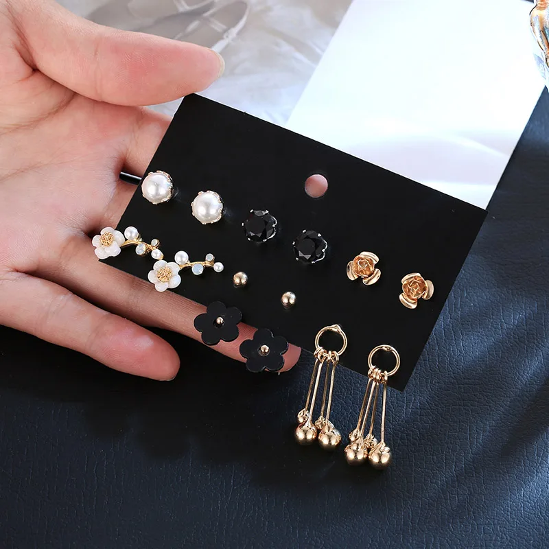 

YANG&RH Punk Fashion Pearl Earrings Set For Women Girls CZ Stone Acrylic Flower Round Hanging Alloy Gold Earring Gift Jewelry