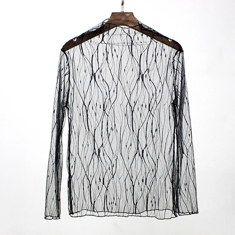 

B&N Bottom Lace Shirt Transparent Women Tops 8 Patterns Lady See Though Sexy High Neck Korean Lace Elastics Mesh Voile Cloth