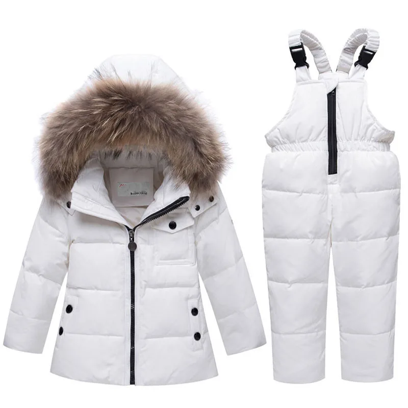 Комбинезон для маленьких мальчиков; Зимний пуховик с капюшоном и натуральным мехом для девочек; теплое Детское пальто; детский зимний комбинезон; зимняя одежда; комплект одежды для девочек - Цвет: Белый