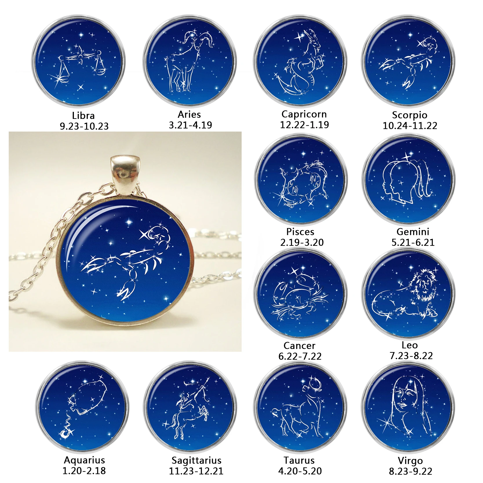 

2018 Fashion 12 Zodiac Sign Twelve Constellation Glass Cabochon Pendant Necklace Aquarius Pisces Aries Taurus Gemini Pendant
