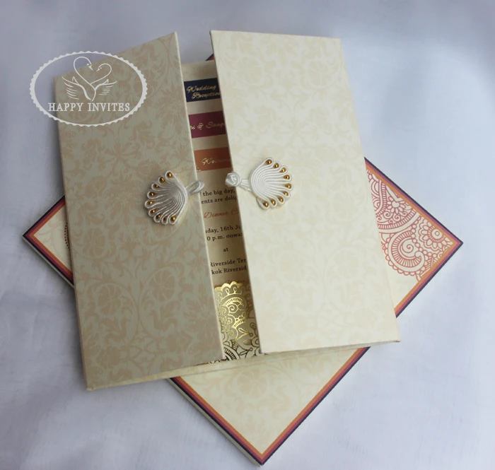 HI1091 - 15 Personalized Hard Cover Gate Fold Wedding Card with Gold Foil