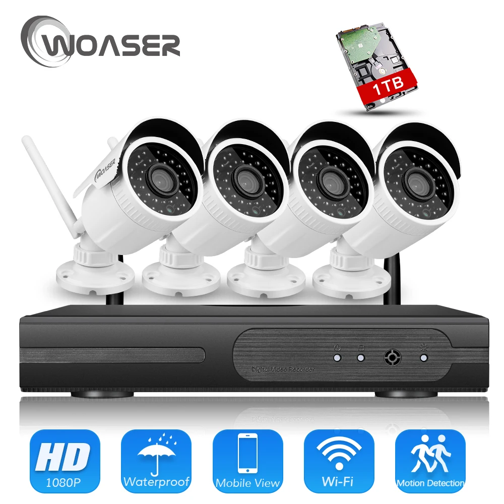Woaser plug and play 1080 P 4ch Беспроводной NVR комплект P2P 2.0mp HD Открытый ИК 36leds Ночное Видение
