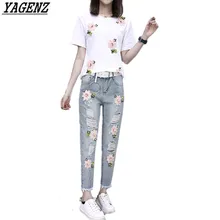 2017 Summer Women Embroidery Bead Sets Sportsing T shirt Hole Jeans Casual Two piece Fashion Suit