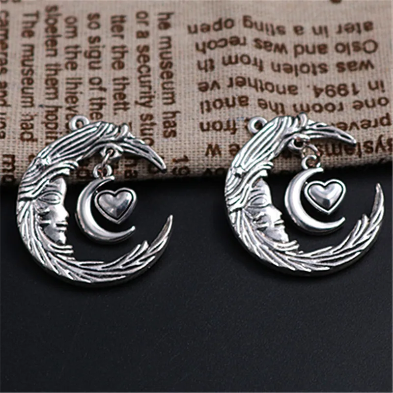 

WKOUD 2pcs Antique silver hip hop style double moon alloy pendants necklace earrings DIY metal jewelry Findings A1189