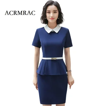 

ACRMRAC Women New Summer Turn-down Collar dress Short sleeve Patchwork Slim Business OL Formal Straight Dresses