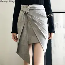 WHITNEY WANG осенне-зимняя модная уличная дизайнерская стильная Асимметричная юбка с рюшами и длинными поясом женские стильные юбки