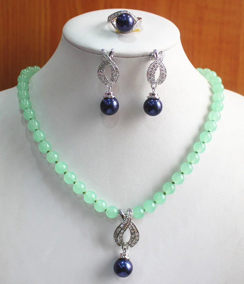 

HOT SELL - best gift jewelry set!Wholesale factory price Women's light green semi-precious jade stone Necklace earring rin -Top