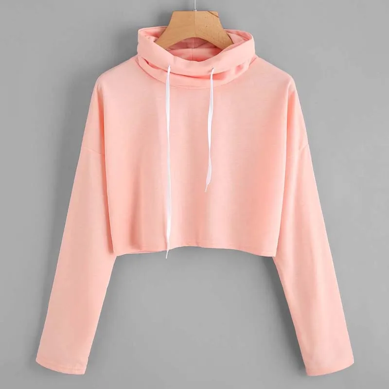 New Pink Women Cropped Top Hoodies Drawstring Kawaii Women Long Sleeve