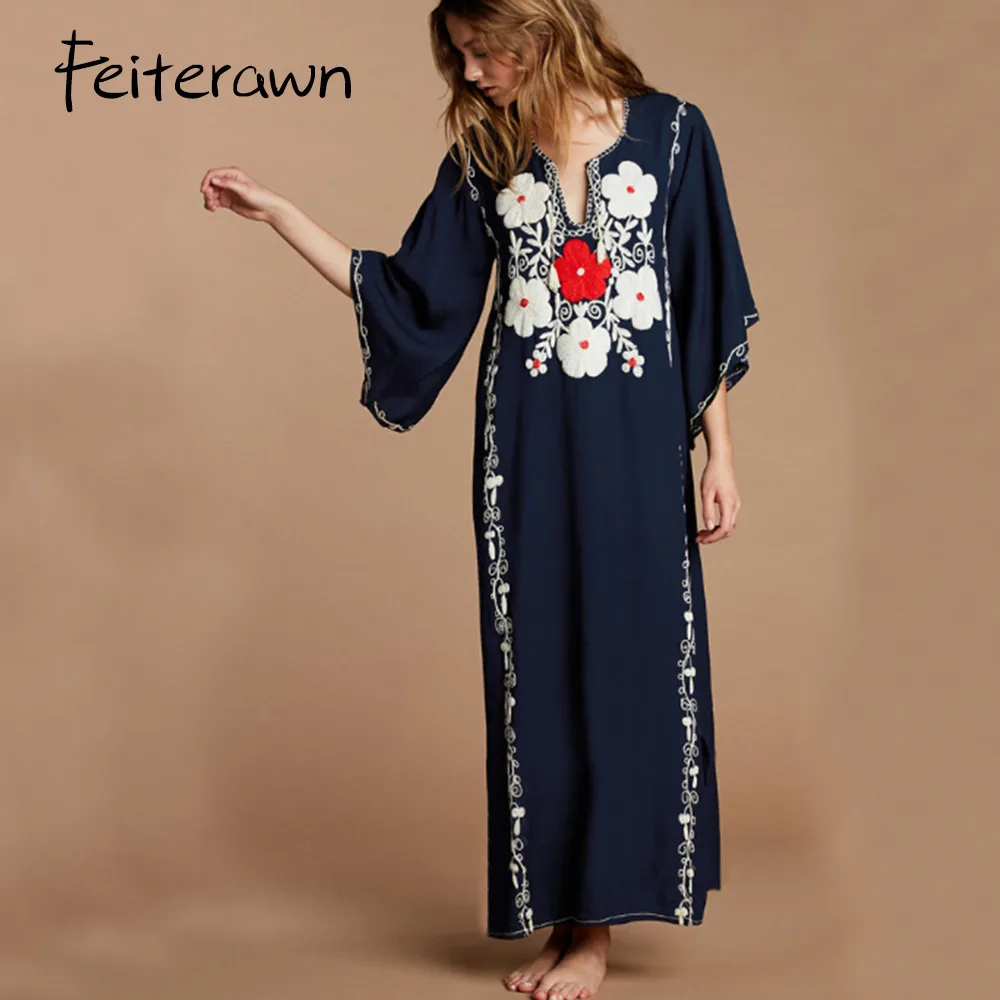 Feiterawn 2018 Для женщин летние Темно-синие район V шеи длинное пляжное платье Макси