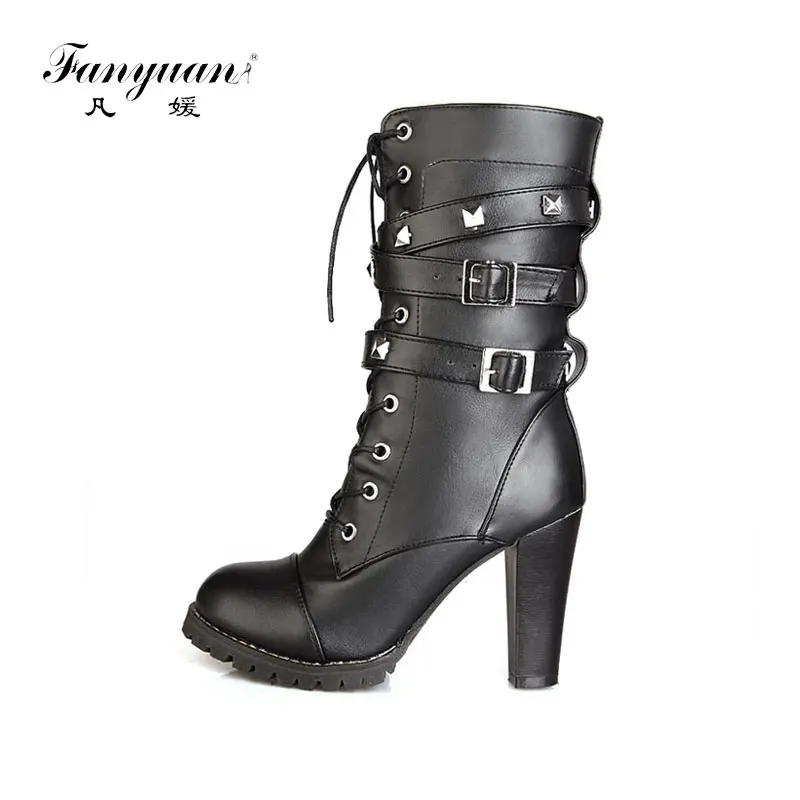 

fanyuan New Women Mid Calf Motorcycle Boots High Heel Buckle Gothic Punk Zipper Lace Up Platforms Botas Mujer winter boots