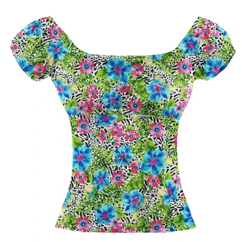 

Summer Sexy Women Tops Slim Off The Shoulder Rockabilly 50s Style Vintage Leopard Floral Printing Short Sleeve Blouse