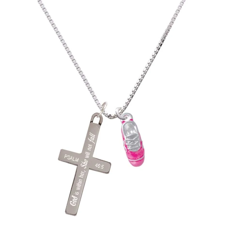 3-D Hot Pink Running Shoe - She will not Fall - Cross Necklace